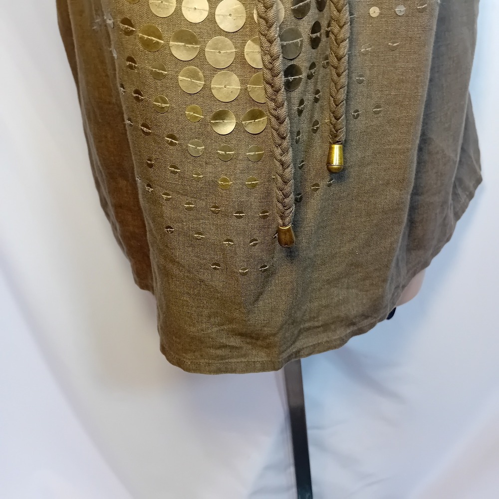 Signal Linen Sequin Studded Grommet Sleeveless Top Olive Green Bohemian Work XL - Picture 9 of 16